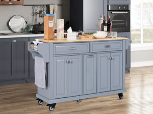 English Elm Kitchen Island Rubber Wood Countertop Mobile Cart with Towel & Spice Racks, Drawers, Storage Wheels Grey W914P147989