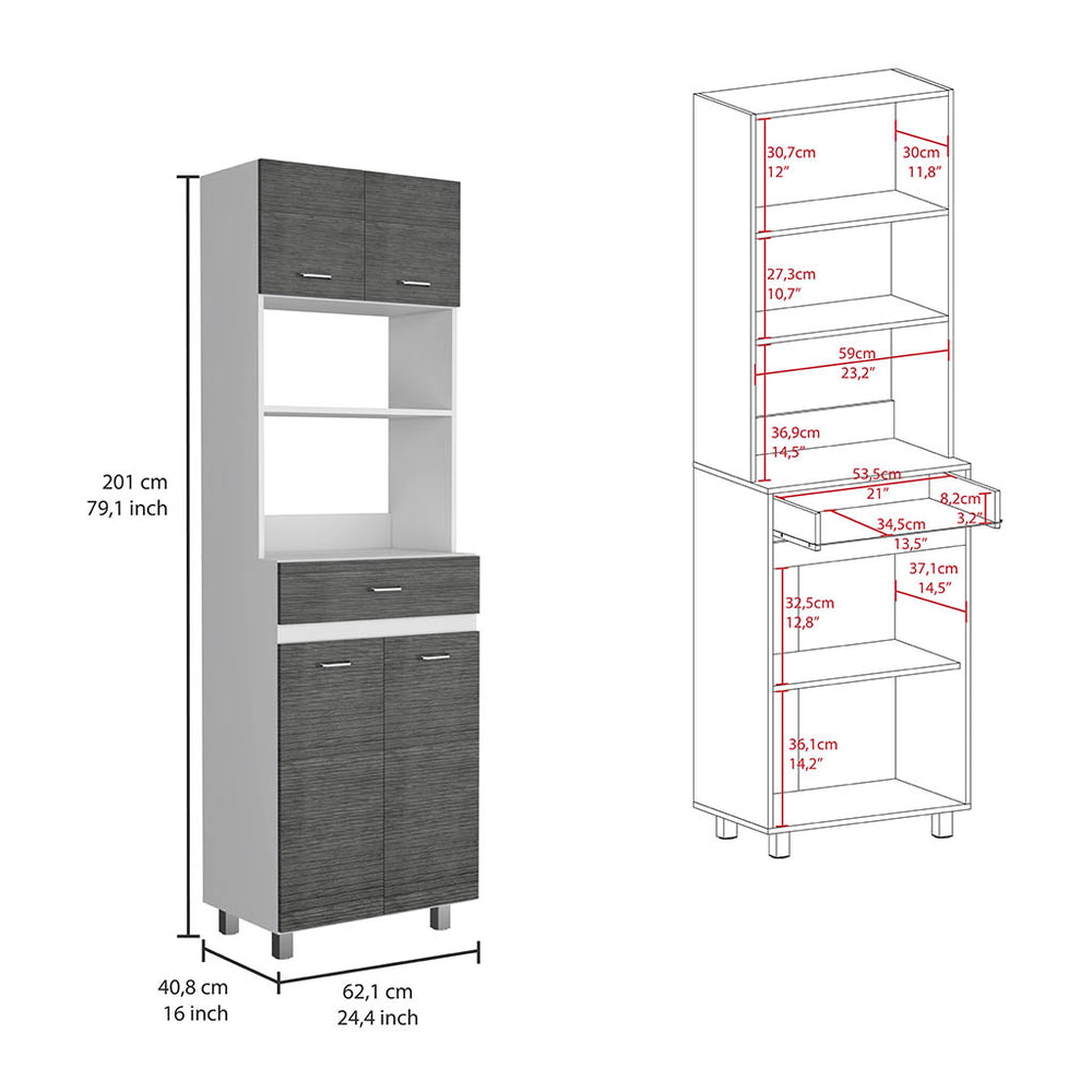 English Elm Caribe Microwave Cabinet With Storage, Double Doors & Stylish White/Smokey Oak Finish For Kitchens B070S00035