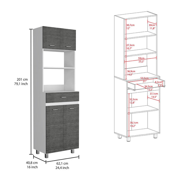 English Elm Caribe Microwave Cabinet With Storage, Double Doors & Stylish White/Smokey Oak Finish For Kitchens B070S00035