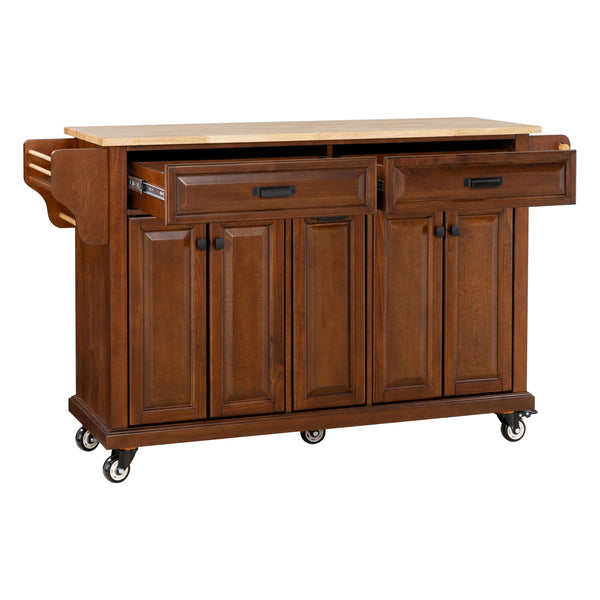 English Elm Kitchen Island Rubber Wood Countertop Mobile Cart with Towel & Spice Racks, Drawers, Storage Wheels Mahogany W914P147992