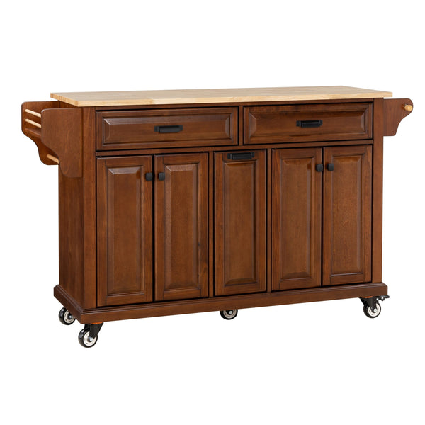 English Elm Kitchen Island Rubber Wood Countertop Mobile Cart with Towel & Spice Racks, Drawers, Storage Wheels Mahogany W914P147992