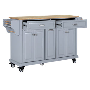 English Elm Kitchen Island Rubber Wood Countertop Mobile Cart with Towel & Spice Racks, Drawers, Storage Wheels Grey W914P147989
