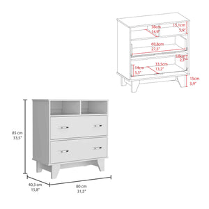 English Elm Portanova Two Drawer Dresser with Open Shelves and Elevated Legs, Compact Superior Top Storage Solution White 36.2 L x 20.9 W x 5.9 H B070S00071