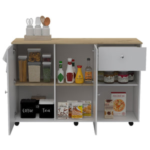 English Elm Kitchen Island Cart with Locking Casters Drawer and Cabinet in White Oak Finish B200S00086