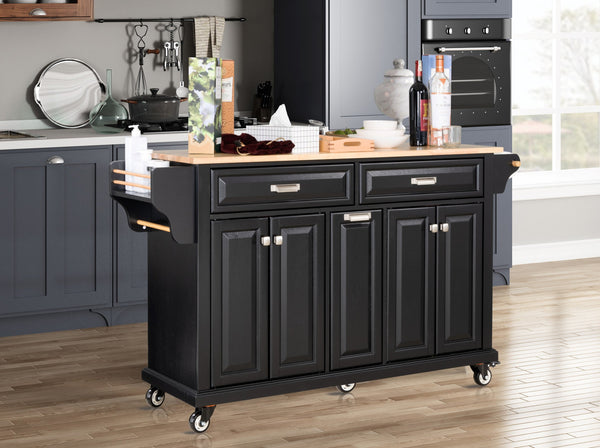 English Elm Kitchen Island Rubber Wood Countertop Mobile Cart with Towel & Spice Racks, Drawers, Storage Wheels Black W914P147991
