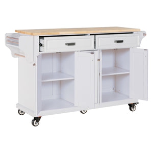 English Elm Kitchen Island Rubber Wood Countertop Mobile Cart with Towel & Spice Racks, Drawers, Storage Wheels White W914P147990