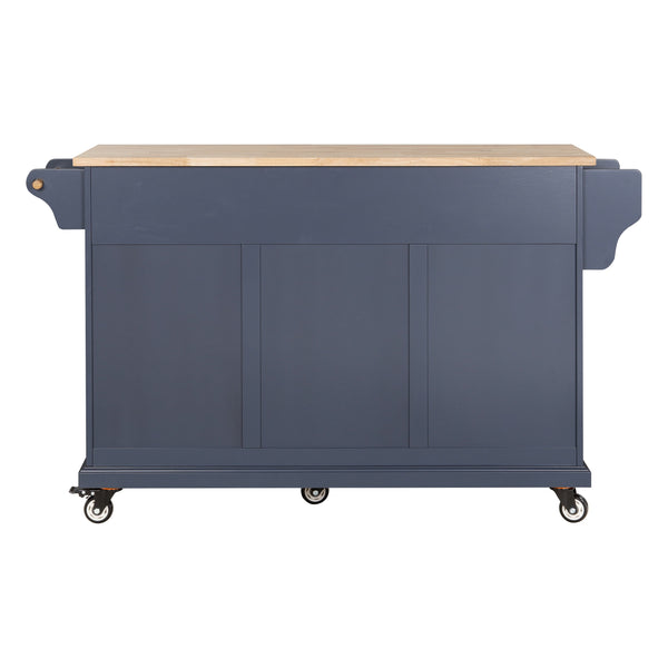 English Elm Kitchen Island Rubber Wood Countertop Mobile Cart with Towel & Spice Racks, Drawers, Storage Wheels Blue W914P147993