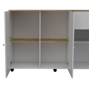 English Elm Kitchen Island Cart with Locking Casters Drawer and Cabinet in White Oak Finish B200S00086