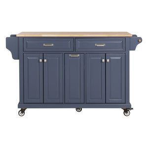 English Elm Kitchen Island Rubber Wood Countertop Mobile Cart with Towel & Spice Racks, Drawers, Storage Wheels Blue W914P147993
