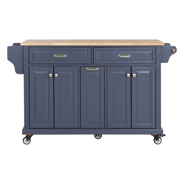 English Elm Kitchen Island Rubber Wood Countertop Mobile Cart with Towel & Spice Racks, Drawers, Storage Wheels Blue W914P147993