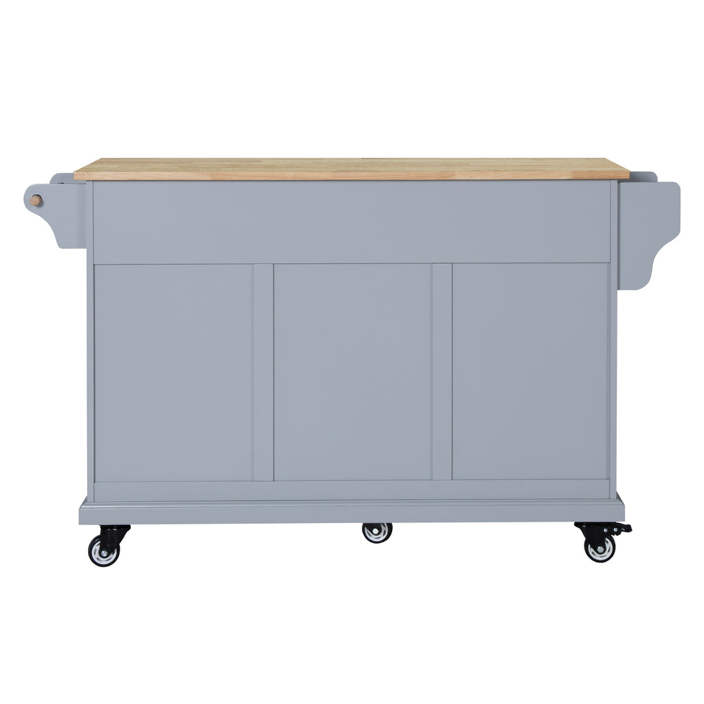 English Elm Kitchen Island Rubber Wood Countertop Mobile Cart with Towel & Spice Racks, Drawers, Storage Wheels Grey W914P147989