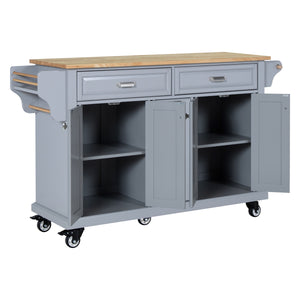 English Elm Kitchen Island Rubber Wood Countertop Mobile Cart with Towel & Spice Racks, Drawers, Storage Wheels Grey W914P147989