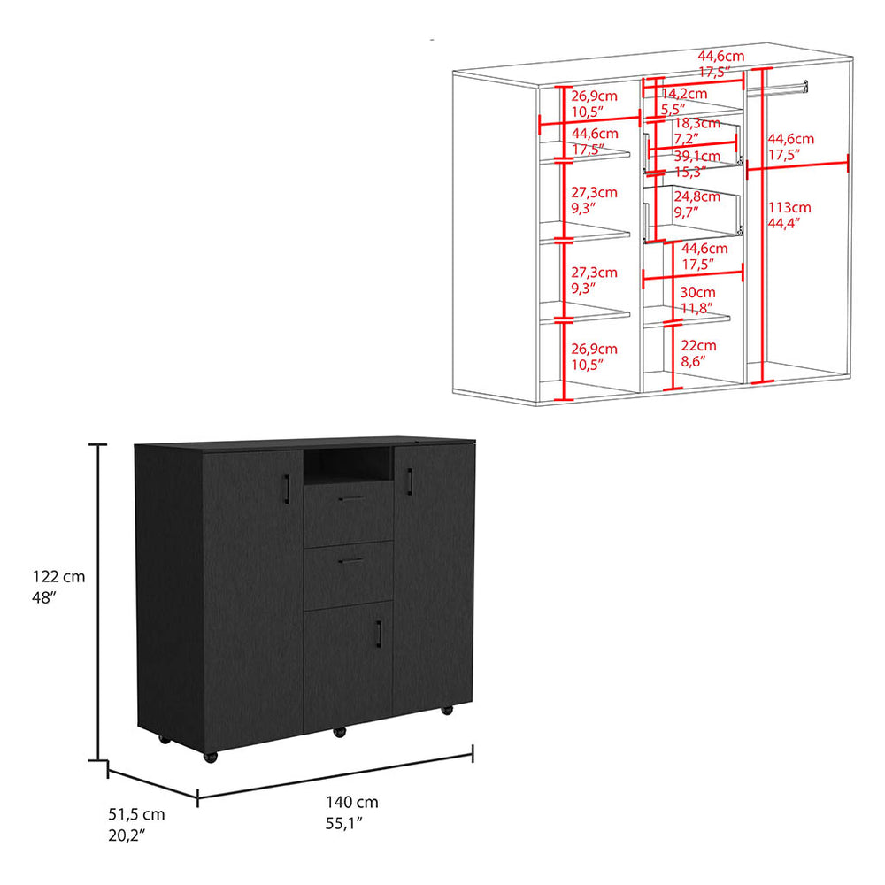 English Elm Letna Black Double Door Cabinet Dresser with 2 Drawers, 4 Shelves, 3 Doors & 58" TV Top Capacity B200S00052