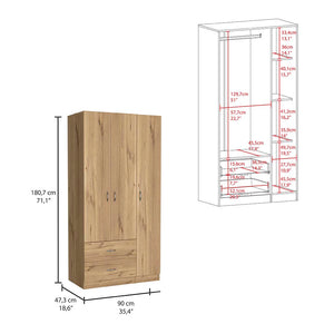English Elm Austral 3-Door Armoire Wardrobe with Shelves, Hanging Rod & 2 Drawers – Compact Light Oak Storage B070S00023