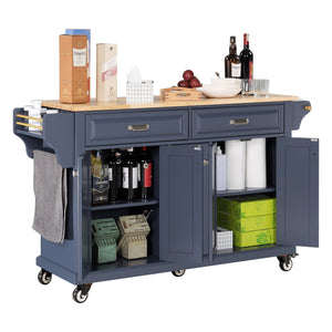 English Elm Kitchen Island Rubber Wood Countertop Mobile Cart with Towel & Spice Racks, Drawers, Storage Wheels Blue W914P147993