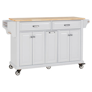 English Elm Kitchen Island Rubber Wood Countertop Mobile Cart with Towel & Spice Racks, Drawers, Storage Wheels White W914P147990