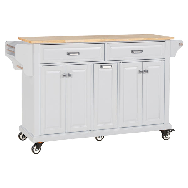 English Elm Kitchen Island Rubber Wood Countertop Mobile Cart with Towel & Spice Racks, Drawers, Storage Wheels White W914P147990