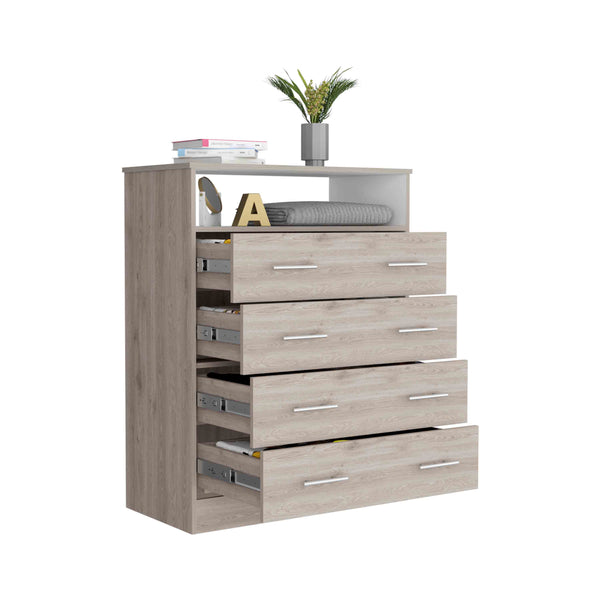 English Elm Peru Four Drawer Dresser with Superior Top and Open Shelf, Light Gray/White, 33.07" W Stylish storage and metal hardware for modern bedrooms B070S00068