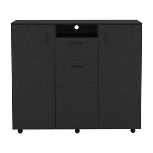 English Elm Letna Black Double Door Cabinet Dresser with 2 Drawers, 4 Shelves, 3 Doors & 58" TV Top Capacity B200S00052