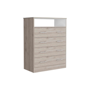 English Elm Peru Four Drawer Dresser with Superior Top & Open Shelf, Light Gray/White, Metal Hardware, Spacious Storage B200S00068