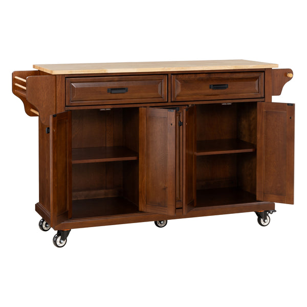 English Elm Kitchen Island Rubber Wood Countertop Mobile Cart with Towel & Spice Racks, Drawers, Storage Wheels Mahogany W914P147992