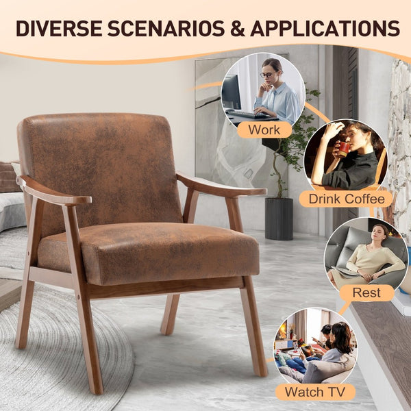 English Elm Mid-century Modern Wingback Accent Chair Solid Rubberwood Frame Tech Cloth Upholstery Brown W2200P151525