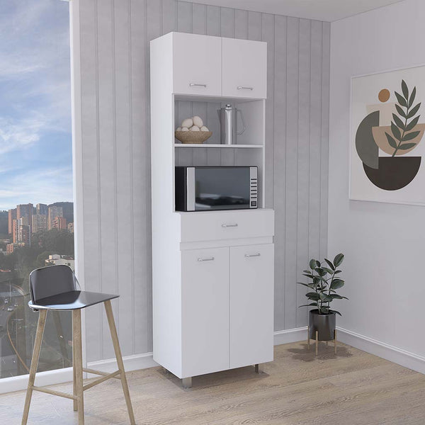 English Elm Caribe Microwave Cabinet With Storage Drawer, Double Doors & Open Shelf - Stylish White Organizer B200S00036