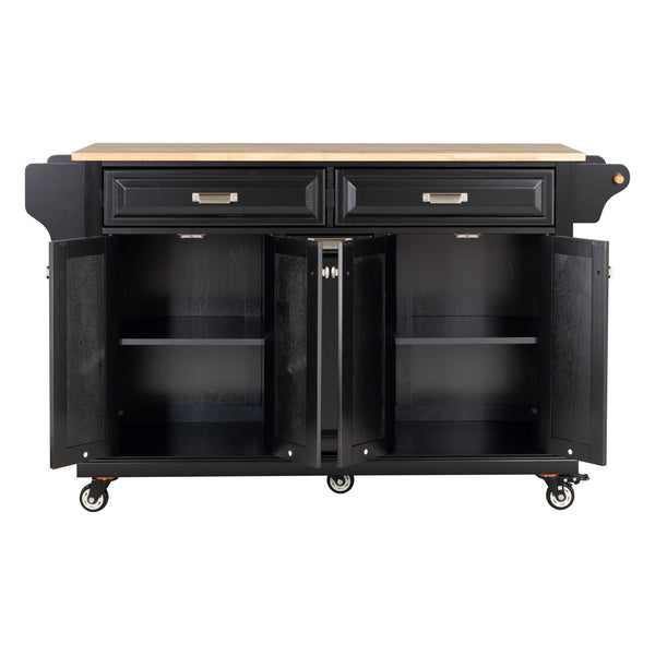 English Elm Kitchen Island Rubber Wood Countertop Mobile Cart with Towel & Spice Racks, Drawers, Storage Wheels Black W914P147991