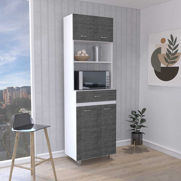 English Elm Caribe Microwave Cabinet With Storage, Double Doors & Stylish White/Smokey Oak Finish For Kitchens B070S00035