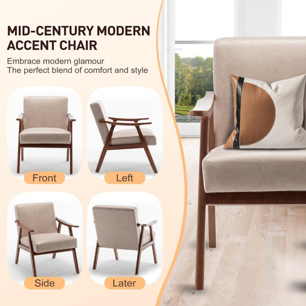 English Elm Mid-century Modern Wingback Accent Chair Solid Rubberwood Frame Tech Cloth Upholstery Light Camel W2200P151522