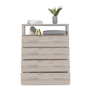 English Elm Peru Four Drawer Dresser with Superior Top & Open Shelf, Light Gray/White, Metal Hardware, Spacious Storage B200S00068