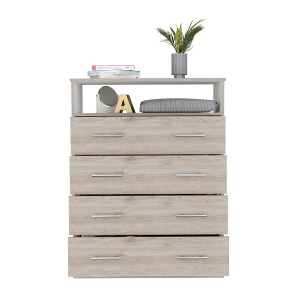 English Elm Peru Four Drawer Dresser with Superior Top & Open Shelf, Light Gray/White, Metal Hardware, Spacious Storage B200S00068