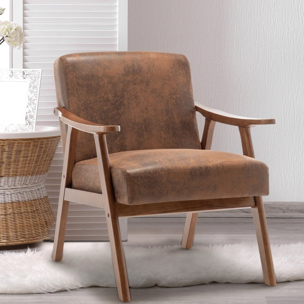 English Elm Mid-century Modern Wingback Accent Chair Solid Rubberwood Frame Tech Cloth Upholstery Brown W2200P151525