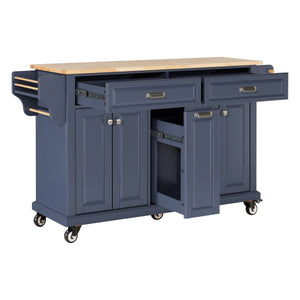 English Elm Kitchen Island Rubber Wood Countertop Mobile Cart with Towel & Spice Racks, Drawers, Storage Wheels Blue W914P147993
