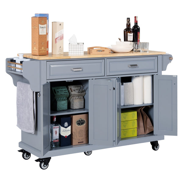 English Elm Kitchen Island Rubber Wood Countertop Mobile Cart with Towel & Spice Racks, Drawers, Storage Wheels Grey W914P147989
