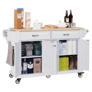 English Elm Kitchen Island Rubber Wood Countertop Mobile Cart with Towel & Spice Racks, Drawers, Storage Wheels White W914P147990