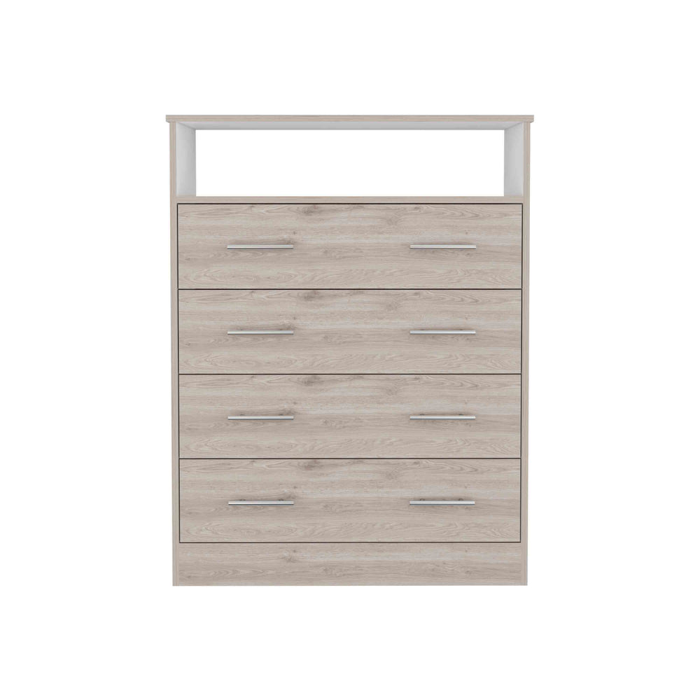 English Elm Peru Four Drawer Dresser with Superior Top and Open Shelf, Light Gray/White, 33.07" W Stylish storage and metal hardware for modern bedrooms B070S00068