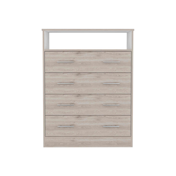 English Elm Peru Four Drawer Dresser with Superior Top and Open Shelf, Light Gray/White, 33.07" W Stylish storage and metal hardware for modern bedrooms B070S00068