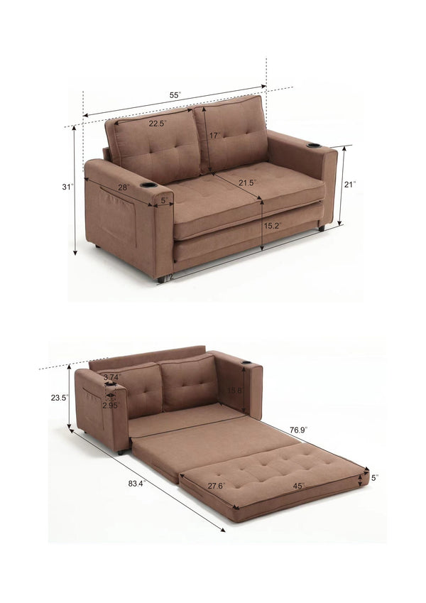 English Elm {VIDEO 3-in-1 Upholstered Futon Sofa Convertible Floor Sofa Bed with Tufted Pull-Out Sleeper, Brown W2325P163375
