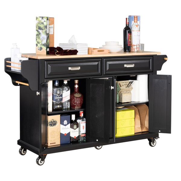 English Elm Kitchen Island Rubber Wood Countertop Mobile Cart with Towel & Spice Racks, Drawers, Storage Wheels Black W914P147991