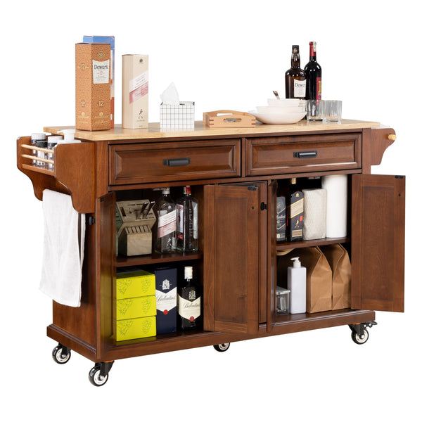 English Elm Kitchen Island Rubber Wood Countertop Mobile Cart with Towel & Spice Racks, Drawers, Storage Wheels Mahogany W914P147992