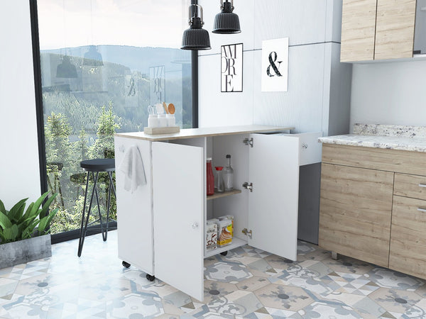 English Elm Kitchen Island Cart with Locking Casters Drawer and Cabinet in White Oak Finish B200S00086