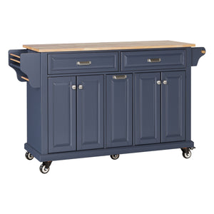 English Elm Kitchen Island Rubber Wood Countertop Mobile Cart with Towel & Spice Racks, Drawers, Storage Wheels Blue W914P147993