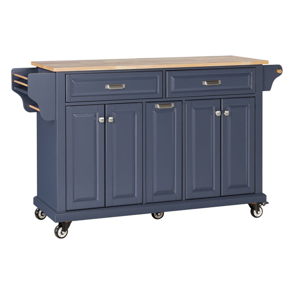 English Elm Kitchen Island Rubber Wood Countertop Mobile Cart with Towel & Spice Racks, Drawers, Storage Wheels Blue W914P147993