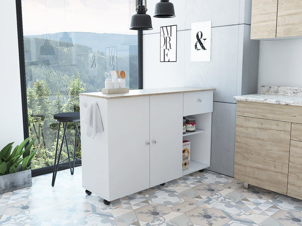 English Elm Kitchen Island Cart with Locking Casters Drawer and Cabinet in White Oak Finish B200S00086