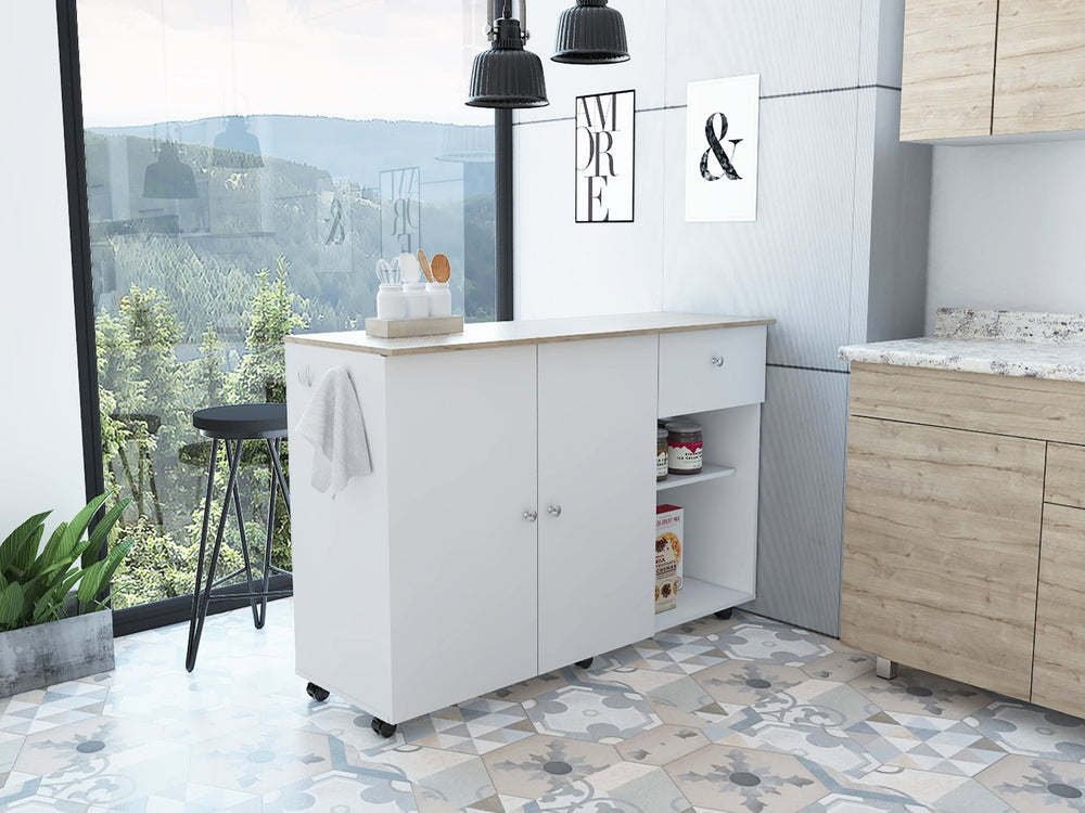 English Elm Kitchen Island Cart with Locking Casters Drawer and Cabinet in White Oak Finish B070S00086