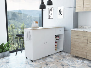 English Elm Kitchen Island Cart with Locking Casters Drawer and Cabinet in White Oak Finish B070S00086