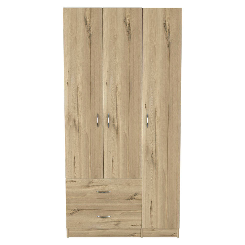 English Elm Austral 3-Door Armoire Wardrobe with Shelves, Hanging Rod & 2 Drawers — Space-Saving Light Oak B200S00023