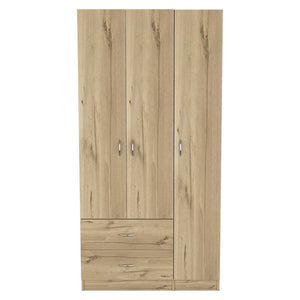 English Elm Austral 3-Door Armoire Wardrobe with Shelves, Hanging Rod & 2 Drawers — Space-Saving Light Oak B200S00023