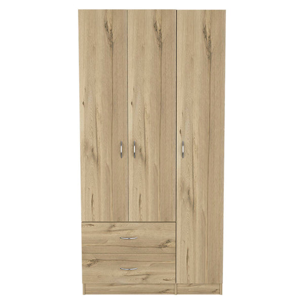 English Elm Austral 3-Door Armoire Wardrobe with Shelves, Hanging Rod & 2 Drawers — Space-Saving Light Oak B200S00023